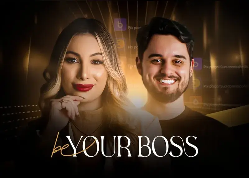 be your boss imagem com fundo preto, detalhes em dourado com a imagem dos produtores